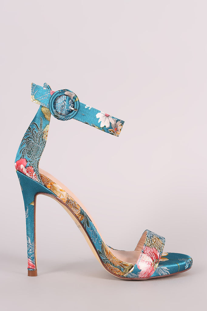 Satin Floral Embroidery Open Toe Ankle Strap Stiletto Heel