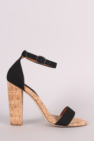 Suede Ankle Strap Open Toe Chunky Cork Heel