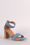 Frayed Denim Buckle Ankle Strap Chunky Heel