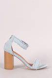 Frayed Denim Buckle Ankle Strap Chunky Heel