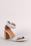 Frayed Denim Buckle Ankle Strap Chunky Heel