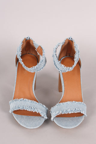 Frayed Denim Buckle Ankle Strap Chunky Heel