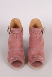Qupid Suede Studded Peep Toe Stacked Chunky Heeled Booties
