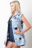 Grommet Embellished Distressed Denim Longline Vest