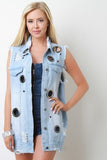 Grommet Embellished Distressed Denim Longline Vest