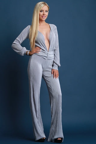 Satin Accordion Pleated Plunging Neck Wide Leg Jumpsuit