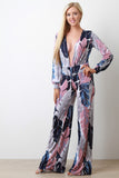 Leaf Print Plunging Neck Wide Leg Jumpsuit
