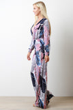 Leaf Print Plunging Neck Wide Leg Jumpsuit