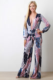 Leaf Print Plunging Neck Wide Leg Jumpsuit