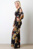 Leaf Print Surplice Waist Sash Wide Leg Jumpsuit