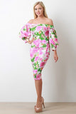 Floral Bardot Bishop Sleeve Midi Dress