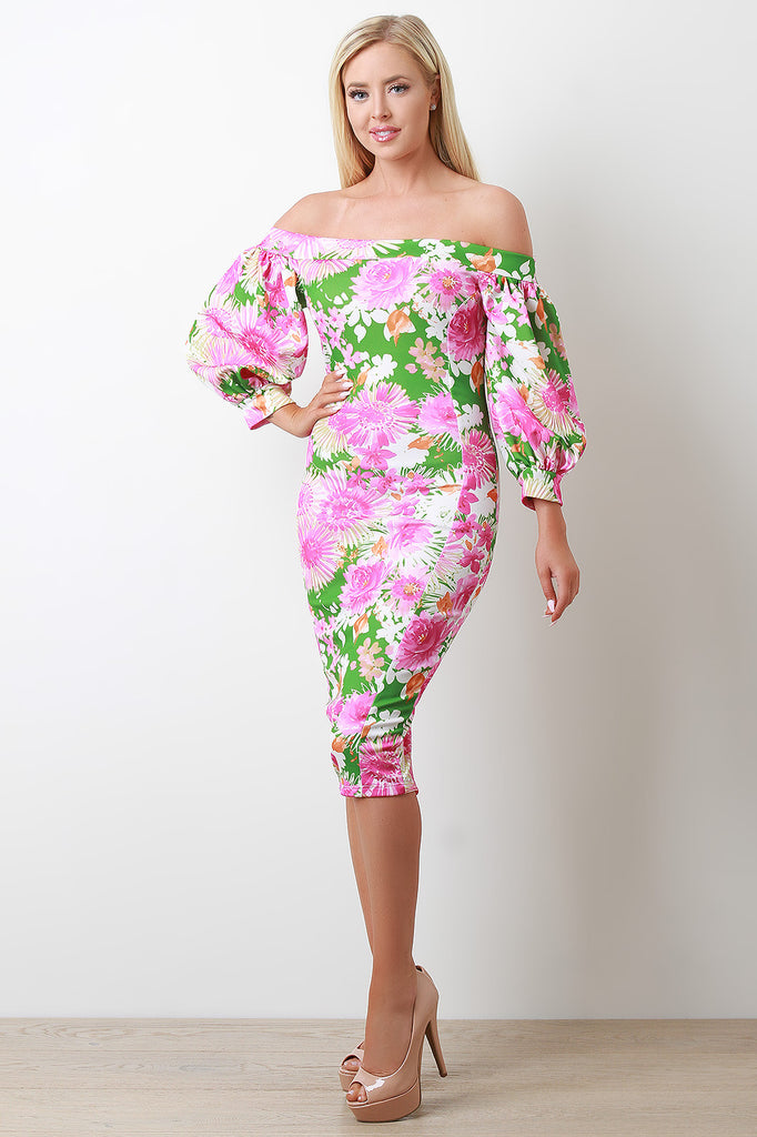 Floral Bardot Bishop Sleeve Midi Dress
