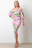 Floral Bardot Bishop Sleeve Midi Dress