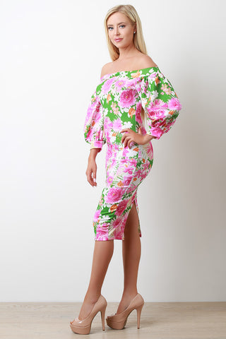 Floral Bardot Bishop Sleeve Midi Dress