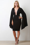 Plunging Neck Open Cape Sleeve Midi Dress