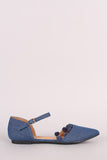 Denim Pointy Toe Pom Pom Ankle Strap Flat
