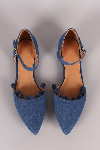 Denim Pointy Toe Pom Pom Ankle Strap Flat