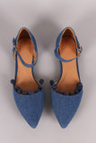 Denim Pointy Toe Pom Pom Ankle Strap Flat