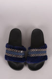 Faux Fur Denim Hardware Accent Slide Sandal
