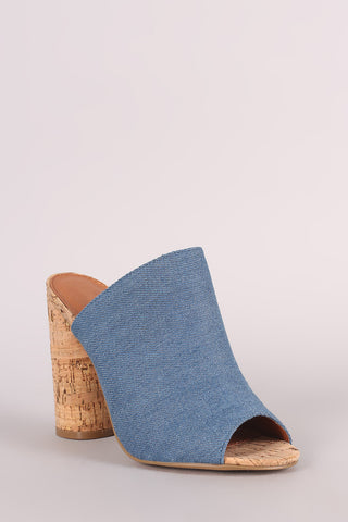 Denim Peep Toe Slip On Mule Cylindrical-Heel
