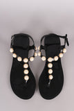 Faux Pearl Embellished T-Strap Thong Flat Sandal