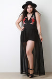 Sleeveless V-Neck Floral Applique Mesh Romper Maxi Dress