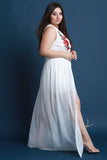 Sleeveless V-Neck Floral Applique Mesh Romper Maxi Dress