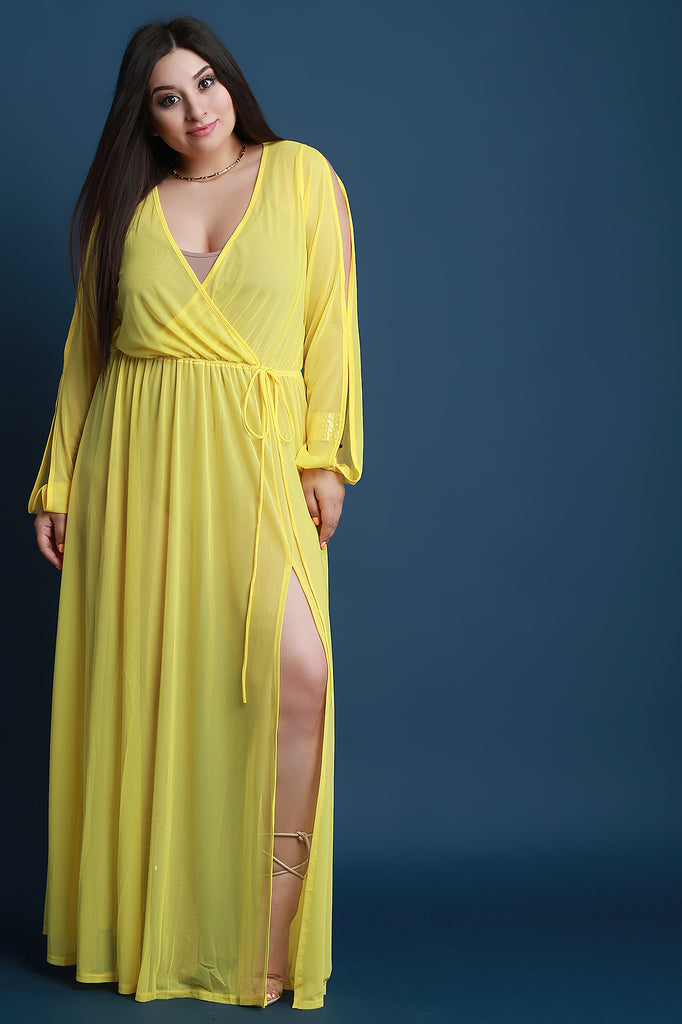 Surplice Cutout Long Sleeve Mesh Maxi Dress