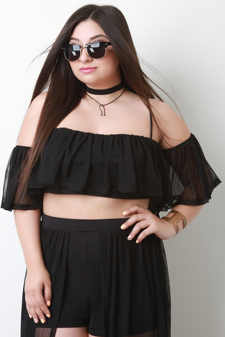 Short Sleeve Ruffled Mesh Cold Shoulder Crop Top