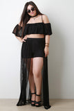 Short Sleeve Ruffled Mesh Cold Shoulder Crop Top
