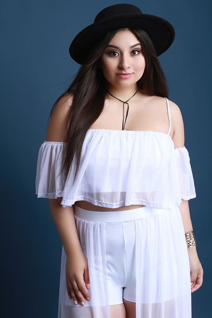 Short Sleeve Ruffled Mesh Cold Shoulder Crop Top
