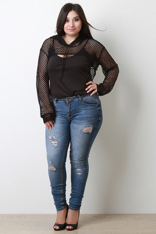 Front Cutout Fishnet Mesh Hooded Crop Top