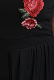 Spaghetti Strap V-Neck Floral Applique Mesh Romper Maxi Dress
