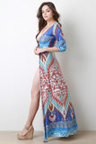 Mixed Prints Plunging Neck Open Front Bodysuit Maxi Dress