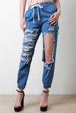 Distressed Chambray Mid Rise Jogger Pants