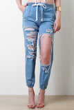 Distressed Chambray Mid Rise Jogger Pants