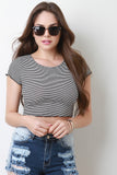 Stripe Ribbed Knit Ruffle Trim Crop Top