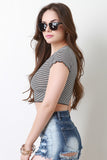 Stripe Ribbed Knit Ruffle Trim Crop Top