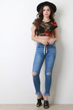Floral Mesh Ruffle Trim Crop Top
