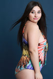 Exotic Feather Printed Lace-Up One Piece Swimsuit