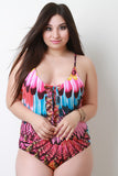 Exotic Feather Printed Lace-Up One Piece Swimsuit