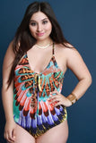 Exotic Feather Printed Lace-Up One Piece Swimsuit