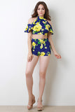 Floral Tiered Ruffle Cold Shoulder Crop Top
