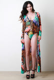 Vibrant Feather Print Lace-Up One Piece Swimsuit