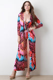 Vibrant Feather Print Lace-Up One Piece Swimsuit