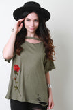 Single Embroidered Rose Distress T-Shirt Top