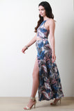 Tropical Palm Leaf Open Midriff Double Slit Maxi Dress