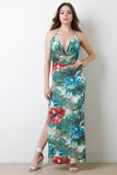 Floral Draped Halter Double Slit Maxi Dress