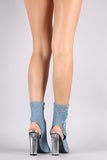 Denim Embroidery Chunky Clear Lucite Heeled Booties
