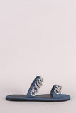 Denim Double Band Chain Embellished Slip-On Flat Sandal